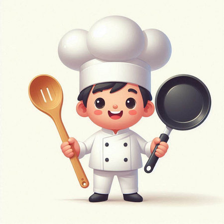 Cute cartoon chef with pan and ladle. Vector illustration.のイラスト素材