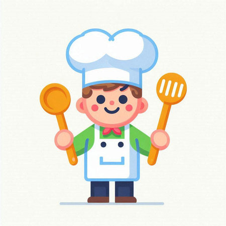 Cute little chef with spoon and ladle. Vector illustration.のイラスト素材