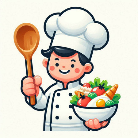 Cartoon chef with a bowl of fresh vegetables. Vector illustration.のイラスト素材