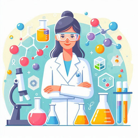 Scientist woman in lab coat and glasses with flask. Vector illustrationのイラスト素材