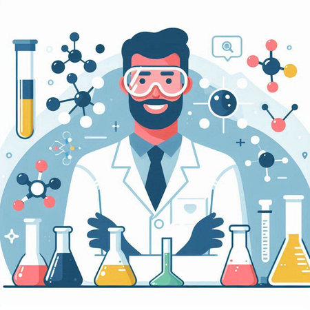 Scientist man in laboratory. Vector illustration in flat design style.のイラスト素材