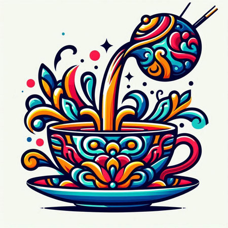 Cup of tea. Hand drawn vector illustration. Colorful background.のイラスト素材