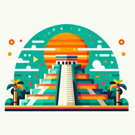 Pyramid of the Sun with palm trees and sun. Vector illustrationのイラスト素材