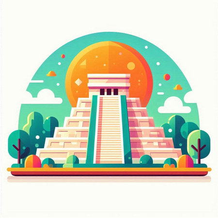 Ancient Mayan pyramid in the park. Vector illustration in flat styleのイラスト素材