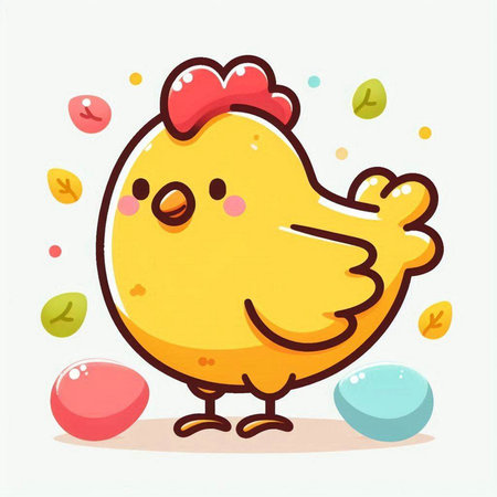 Cute chicken with colorful eggs on white background. Vector illustration.のイラスト素材