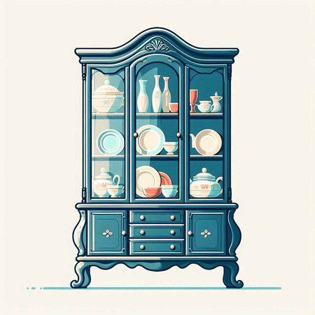Vintage cupboard with dishes and crockery, vector illustrationのイラスト素材