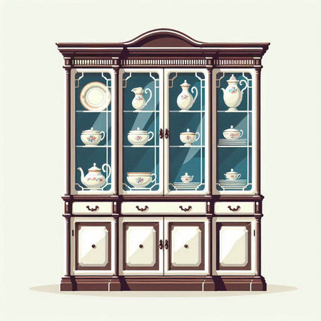 Vintage cupboard with porcelain dishes. Vector illustration.のイラスト素材
