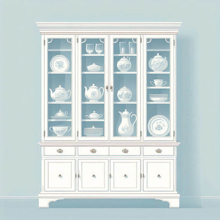 White cupboard with dishes and porcelain dishes in blue interiorのイラスト素材