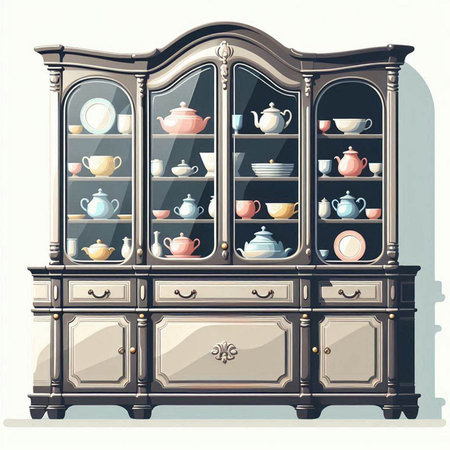 Vintage cupboard with cups and saucers. Vector illustration.のイラスト素材