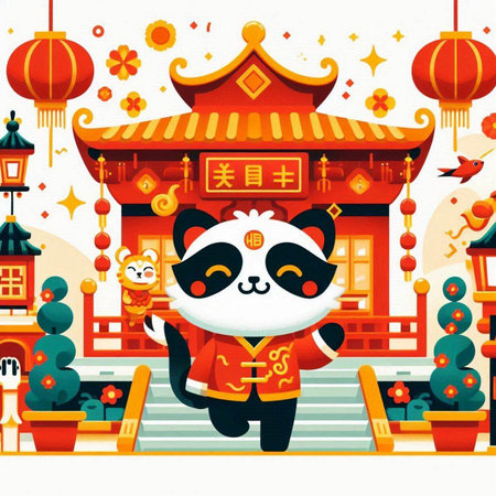 Chinese New Year greeting card. Cute panda in traditional costume with chinese lanterns. Cartoon vector illustration.のイラスト素材
