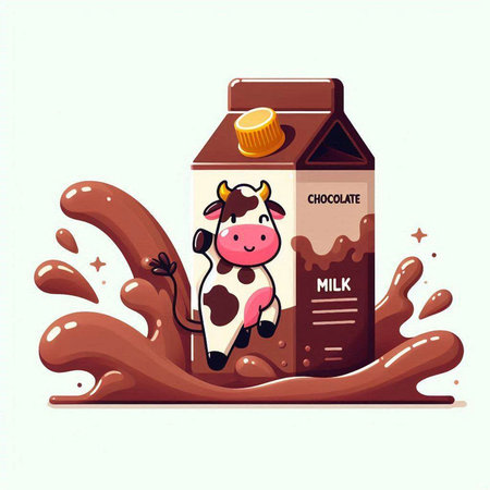 Milk box with cow and splashes of chocolate. Vector illustration.のイラスト素材