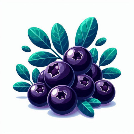 Blueberry with green leaves on a white background. Vector illustration.のイラスト素材