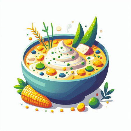 Vegetable soup with mayonnaise in a bowl. Vector illustration.のイラスト素材