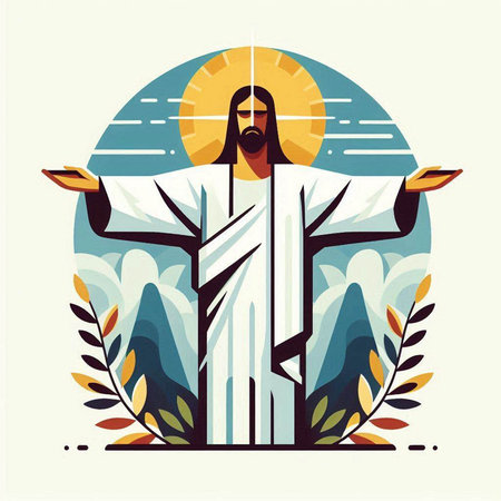 Jesus Christ on the cross with olive branch vector illustration in flat styleのイラスト素材