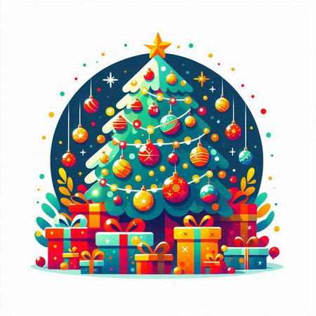 Christmas tree with gifts. Merry Christmas and Happy New Year. Vector illustrationのイラスト素材