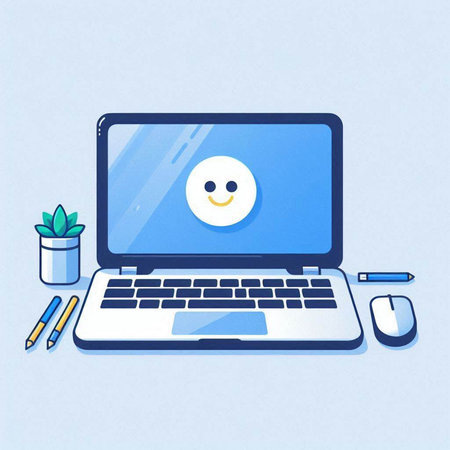 Laptop with smiley face and pencils. Vector illustration.のイラスト素材