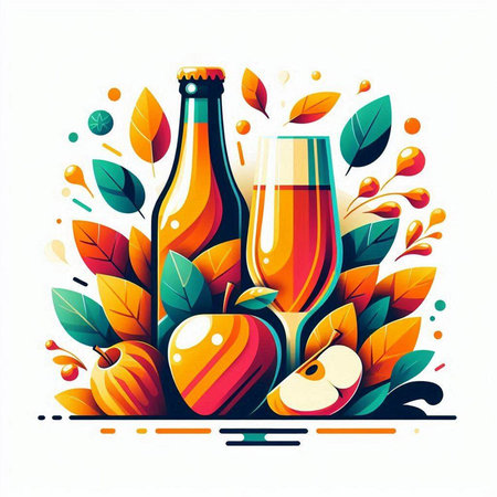 Vector illustration of a bottle and a glass of wine, apples and leaves.のイラスト素材