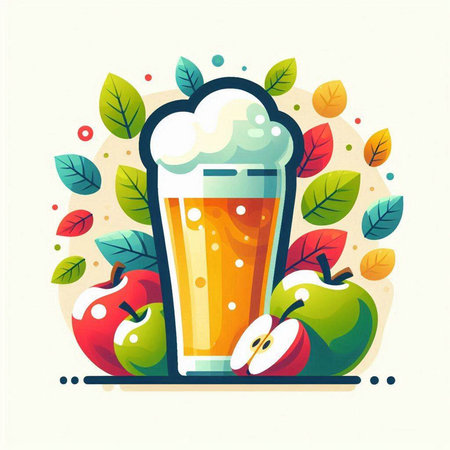 Glass of beer with apple and leaves. Vector illustration in flat style.のイラスト素材