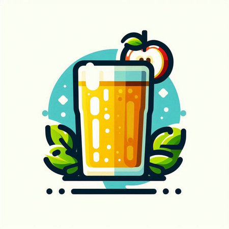 Vector illustration of a glass of orange juice with apple slices and leaves.のイラスト素材