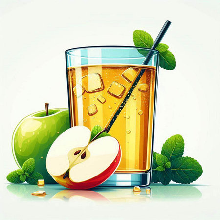 Apple juice in a glass with fresh apples and mint leaves. Vector illustration.のイラスト素材
