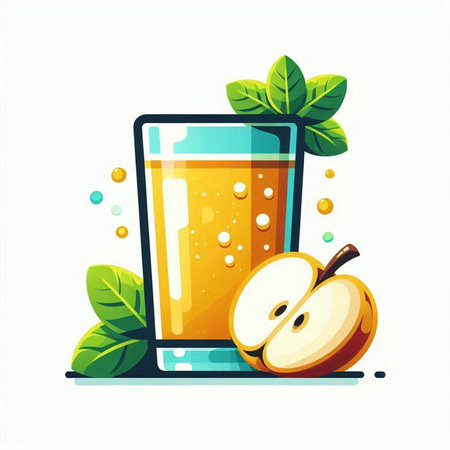 Glass of fresh apple juice with apple slices and green leaves. Vector illustration.のイラスト素材