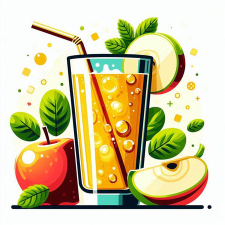 Vector illustration of fresh apple smoothie in glass with straws and apples.のイラスト素材