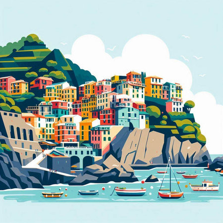 Seascape with colorful buildings. Vector illustration in flat style.のイラスト素材