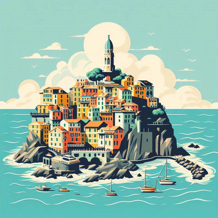 Rovinj old town on the rocks, vector illustration.のイラスト素材