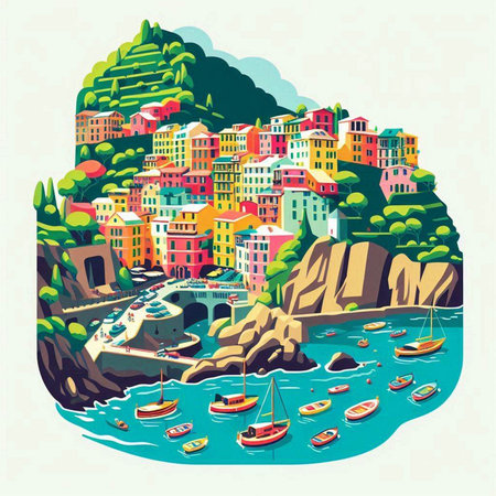Cityscape of the coast of Italy. Colorful houses on the rocks. Vector illustration.のイラスト素材