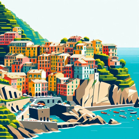 Colorful houses on the coast of the sea. Vector illustration.のイラスト素材