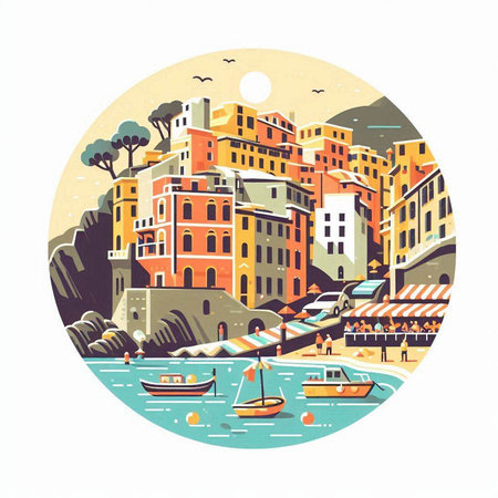 Riomaggiore, Cinque Terre, Italy. Colorful vector illustrationのイラスト素材
