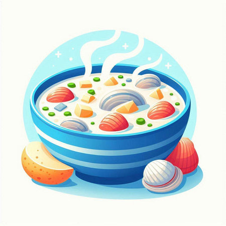 Bowl of soup with seafood. Vector illustration in cartoon style.のイラスト素材