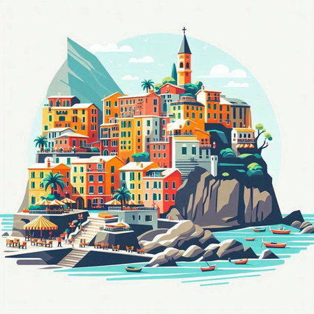 Vector illustration of a colorful town in the north of Italy. Colorful houses on the background of the sea.のイラスト素材