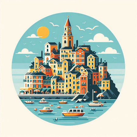 Vector illustration of old european town. Colorful houses, boats and sea.のイラスト素材