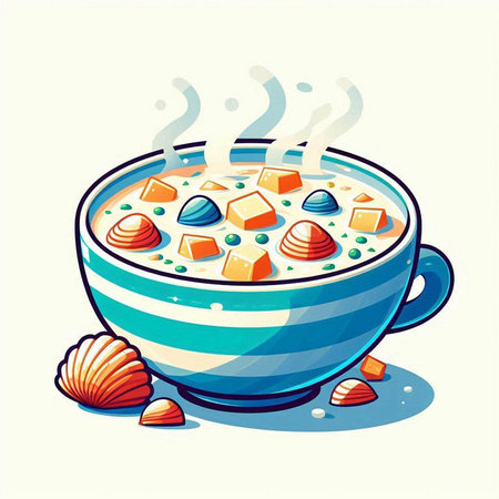 Illustration of a bowl of mushroom soup with eggs and parsleyのイラスト素材