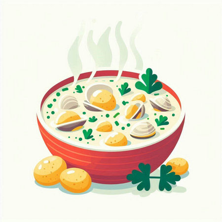 Illustration of a bowl of soup with dumplings and mushroomsのイラスト素材