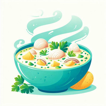 Illustration of a bowl of soup with dumplings and vegetablesのイラスト素材