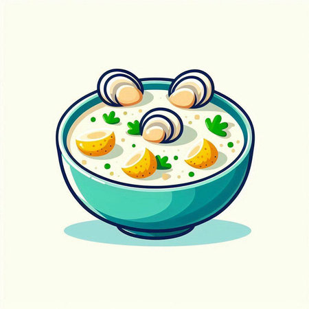 Creamy soup with seafood in a bowl. Vector illustration.のイラスト素材