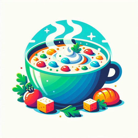 Cartoon vector illustration of bowl of soup with vegetables and herbs.のイラスト素材
