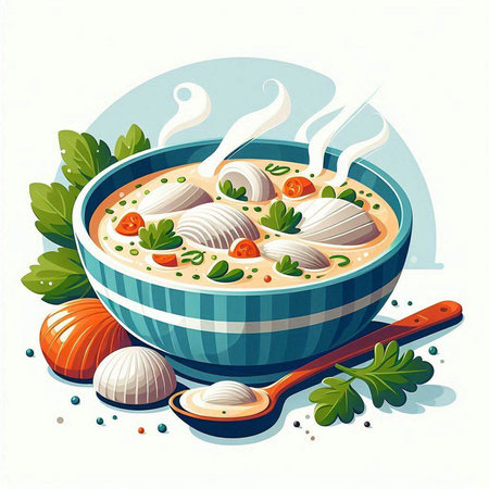 Illustration of a bowl of soup with noodles and vegetables on a white backgroundのイラスト素材