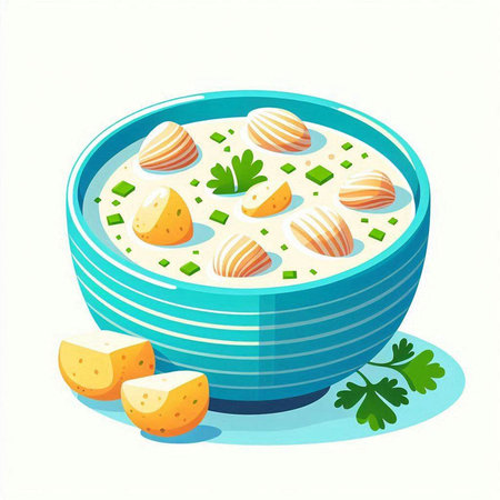 Bowl of soup with dumplings and parsley on white backgroundのイラスト素材