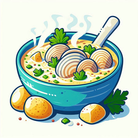 Bowl of soup with meat and vegetables. Vector illustration in cartoon style.のイラスト素材