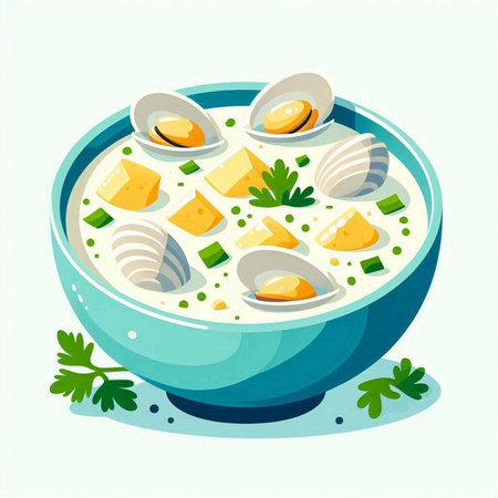 Vector illustration of a bowl of fresh soup with clams, parsley and cheeseのイラスト素材