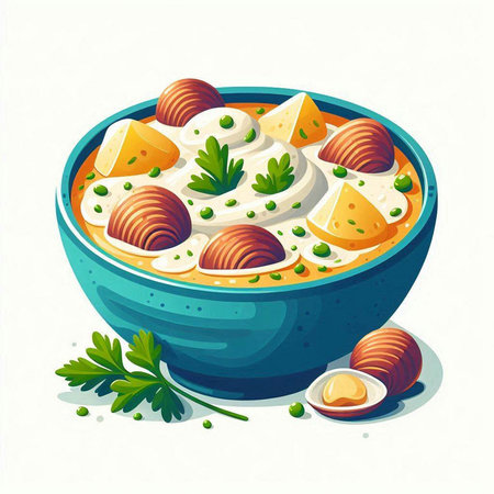 Bowl of tzatziki soup with dumplings, parsley and eggs. Vector illustration.のイラスト素材