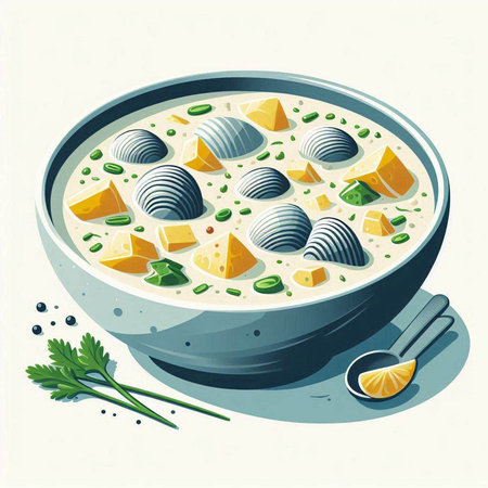 Illustration of a bowl of fish soup with lemons and parsleyのイラスト素材