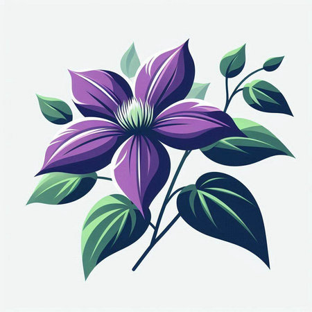 Vector illustration of a purple flower with green leaves on a white backgroundのイラスト素材