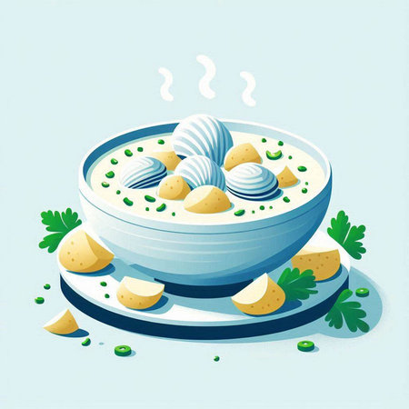 Creamy soup with dumplings and parsley, vector illustrationのイラスト素材
