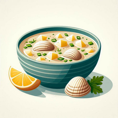 Creamy soup with dumplings in a blue bowl. Vector illustration.のイラスト素材