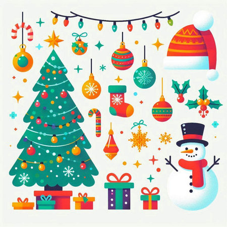 Christmas set with tree, gifts and snowman. Vector illustration.のイラスト素材