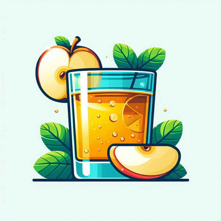 Juice in glass with orange and apple slices. Vector illustration.のイラスト素材